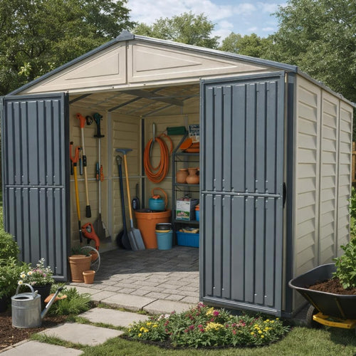 Plastic Garden Storage Shed 10.5 X 8 Ft Double Doors Lockable Dark Grey