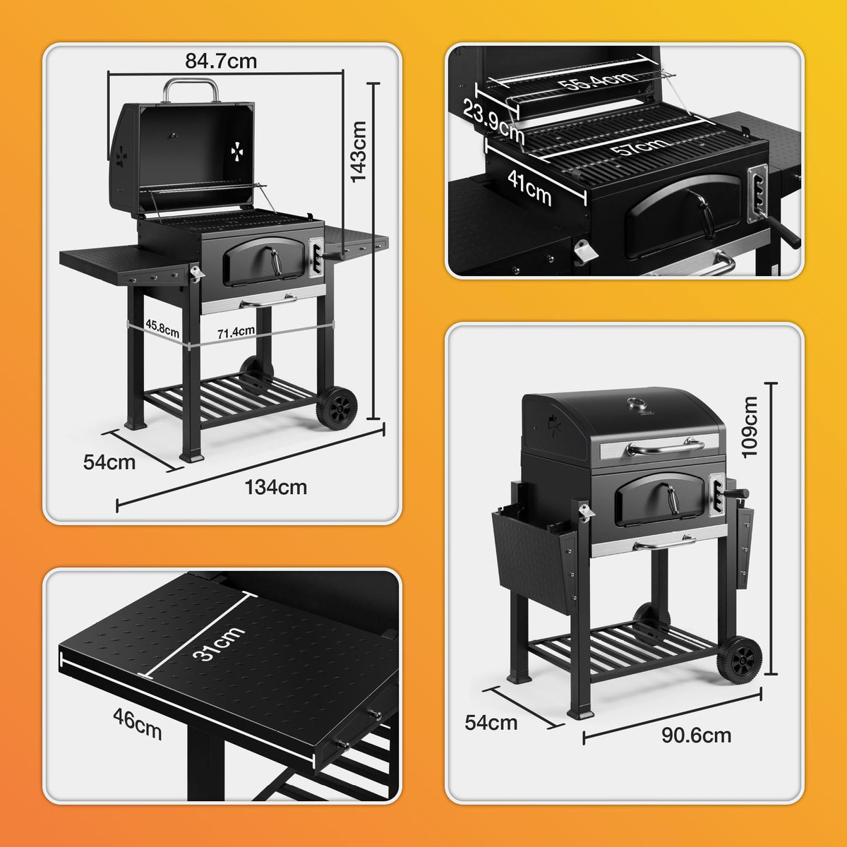 XL Charcoal BBQ Grill & Smoker with Cast Iron Grates, Side Shelves & Warming Rack